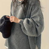 Oversized Round Neck Sweater with Balloon Sleeves and Ribbed Cuff