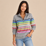 Women's Half Zip Sweater with Horizontal Stripes and Stand Collar