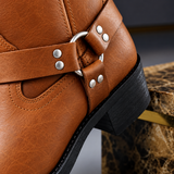 Mid-Calf Harness Boots with Buckle Strap and Round Toe