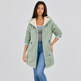 Hooded Teddy Fleece Jacket with Zip Front and Ribbed Cuff