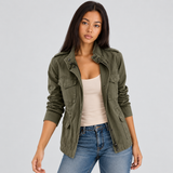 Snap-Button Jacket with Flap Pockets and Stand Collar