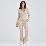 Fitted Ribbed Zip Up Top and Flared Pants Set