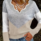 Color Block Knit Sweater with V-Neck and Ribbed Trim