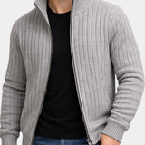 Ribbed Knit Zip-Up Cardigan with Stand Collar