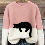 Cat Color block Oversized Fuzzy Knit Sweater