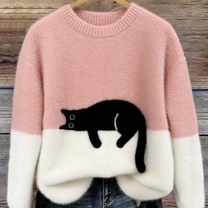 Cat Color block Oversized Fuzzy Knit Sweater