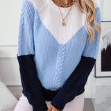 Cable Knit Color Block Sweater with Raglan Sleeves and Round Neck
