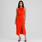 Halter Neck Midi Dress with Thigh Slit and Ruched Waist