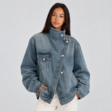 Oversized Denim Jacket with High Collar and Button Front