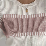 Two Tone Ribbed Knit Sweater with Balloon Sleeves and Ribbed Cuff
