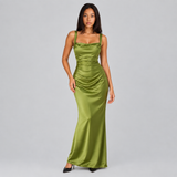 Ruched Satin Maxi Dress with Cowl Neck and Wide Straps