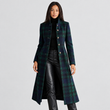 Plaid Long Coat with Stand Collar and Button Front