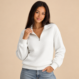 Women's Half Zip Sweater with Quilted Texture and Ribbed Cuffs