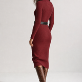 Bodycon Ribbed Knit Midi Dress with Collared V-Neck