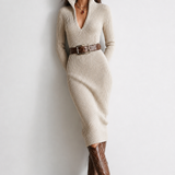 Bodycon Ribbed Knit Midi Dress with Collared V-Neck