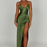 Satin Slip Maxi Dress with V-Neck and Leg Slit