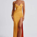 Satin Slip Maxi Dress with V-Neck and Leg Slit