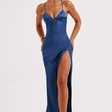 Satin Slip Maxi Dress with V-Neck and Leg Slit