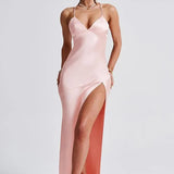 Satin Slip Maxi Dress with V-Neck and Leg Slit