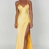 Satin Slip Maxi Dress with V-Neck and Leg Slit
