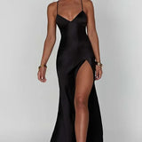 Satin Slip Maxi Dress with V-Neck and Leg Slit