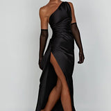 Satin One Shoulder Maxi Dress with Thigh Slit