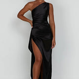 Satin One Shoulder Maxi Dress with Thigh Slit