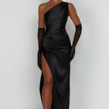 Satin One Shoulder Maxi Dress with Thigh Slit