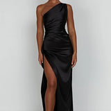 Satin One Shoulder Maxi Dress with Thigh Slit