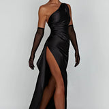 Satin One Shoulder Maxi Dress with Thigh Slit