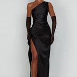 Satin One Shoulder Maxi Dress with Thigh Slit
