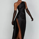Satin One Shoulder Maxi Dress with Thigh Slit