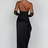 Satin One Shoulder Maxi Dress with Thigh Slit