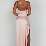 Satin One Shoulder Maxi Dress with Thigh Slit