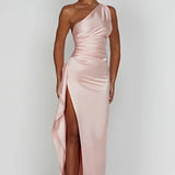 Satin One Shoulder Maxi Dress with Thigh Slit