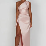 Satin One Shoulder Maxi Dress with Thigh Slit