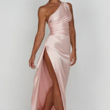 Satin One Shoulder Maxi Dress with Thigh Slit