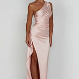 Satin One Shoulder Maxi Dress with Thigh Slit