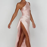Satin One Shoulder Maxi Dress with Thigh Slit