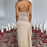 Satin One Shoulder Maxi Dress with Thigh Slit