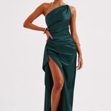 Satin One Shoulder Maxi Dress with Thigh Slit