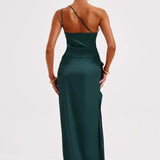 Satin One Shoulder Maxi Dress with Thigh Slit
