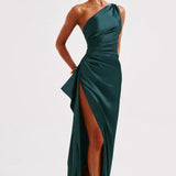 Satin One Shoulder Maxi Dress with Thigh Slit