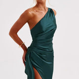 Satin One Shoulder Maxi Dress with Thigh Slit