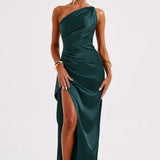 Satin One Shoulder Maxi Dress with Thigh Slit