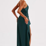 Satin One Shoulder Maxi Dress with Thigh Slit