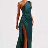 Satin One Shoulder Maxi Dress with Thigh Slit