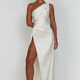 Satin One Shoulder Maxi Dress with Thigh Slit