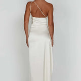 Satin One Shoulder Maxi Dress with Thigh Slit