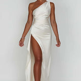 Satin One Shoulder Maxi Dress with Thigh Slit
